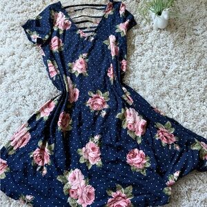 Alya Navy and Pink polkadot summer spring super cute date night Floral Dress